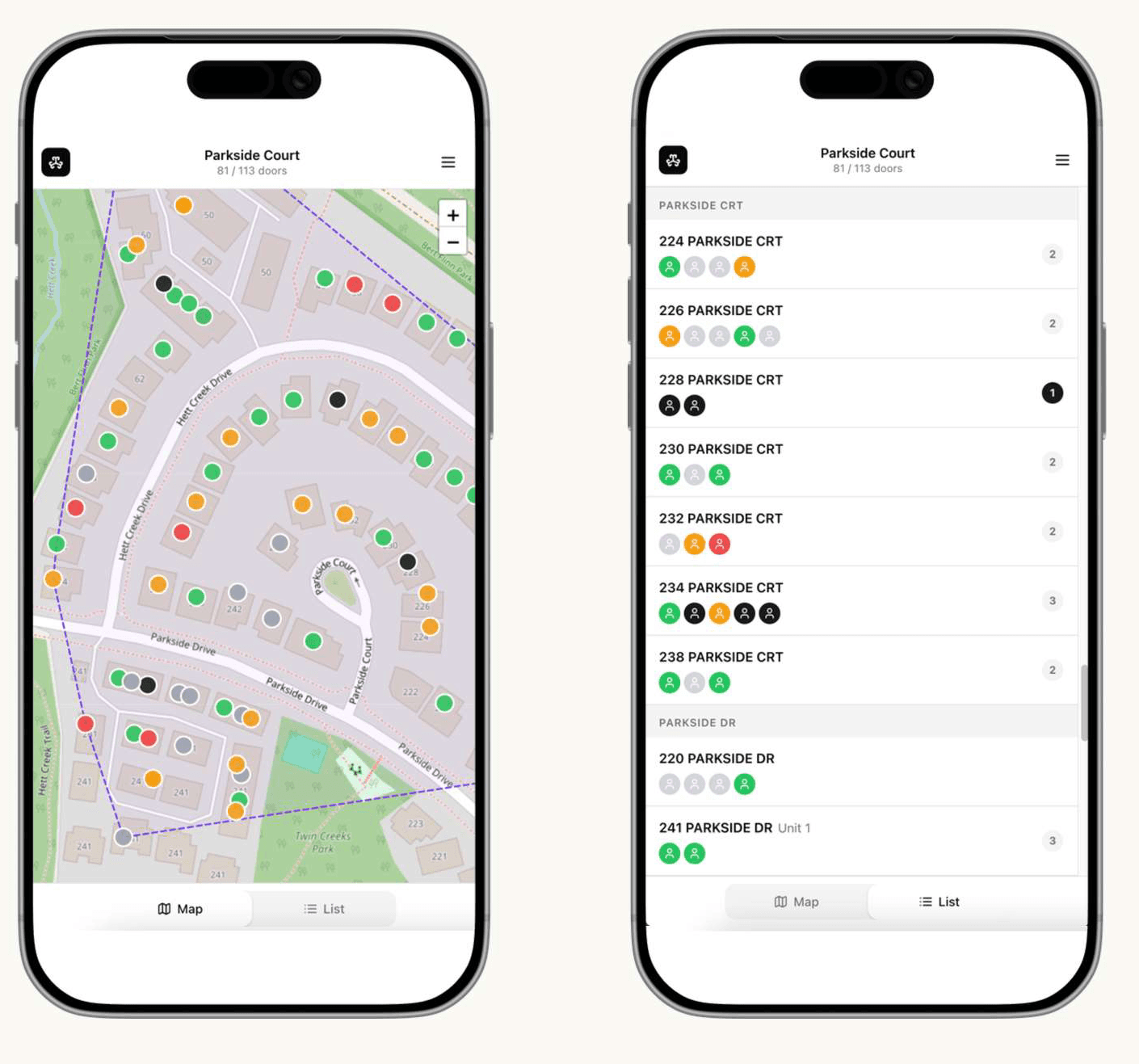 Canvassing app map and door list on two phones